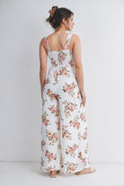 Ivory Floral Smocked Square Neck Wide Leg Maternity Jumpsuit with Pockets Back View