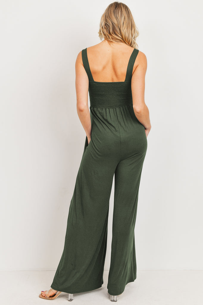 Army Square Neck Smocked Maternity Flared Jumpsuit Back View