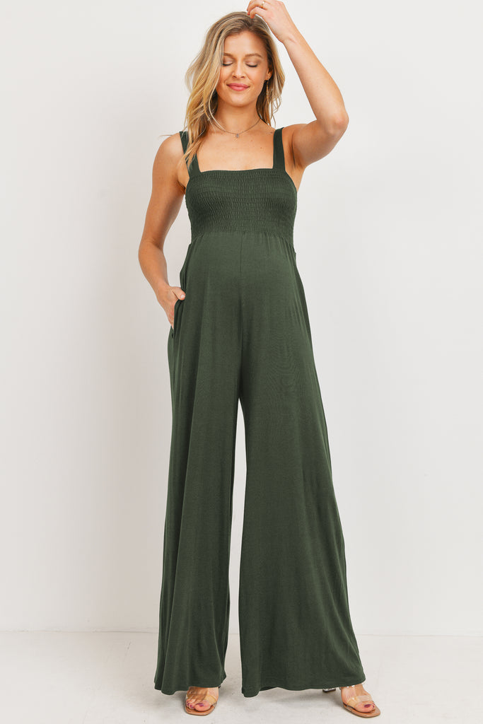 Army Square Neck Smocked Maternity Flared Jumpsuit Front View