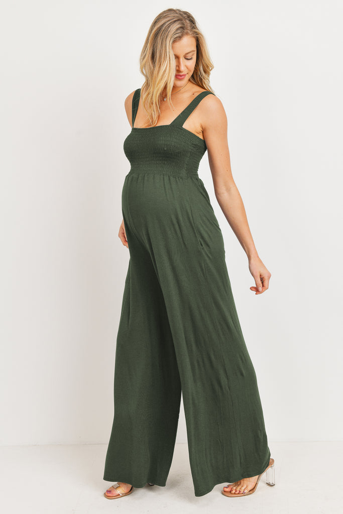 Army Square Neck Smocked Maternity Flared Jumpsuit Side View