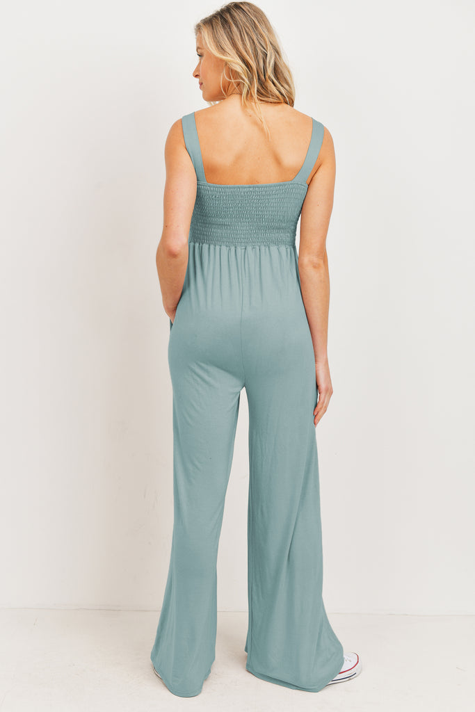 Sage Square Neck Smocked Maternity Flared Jumpsuit