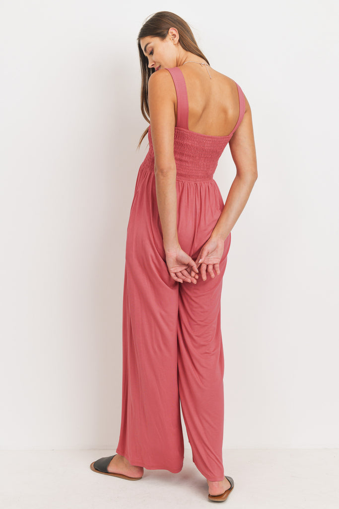 Rust Square Neck Smocked Maternity Flared Jumpsuit Side Back View