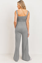Silver Square Neck Smocked Maternity Flared Jumpsuit Back View