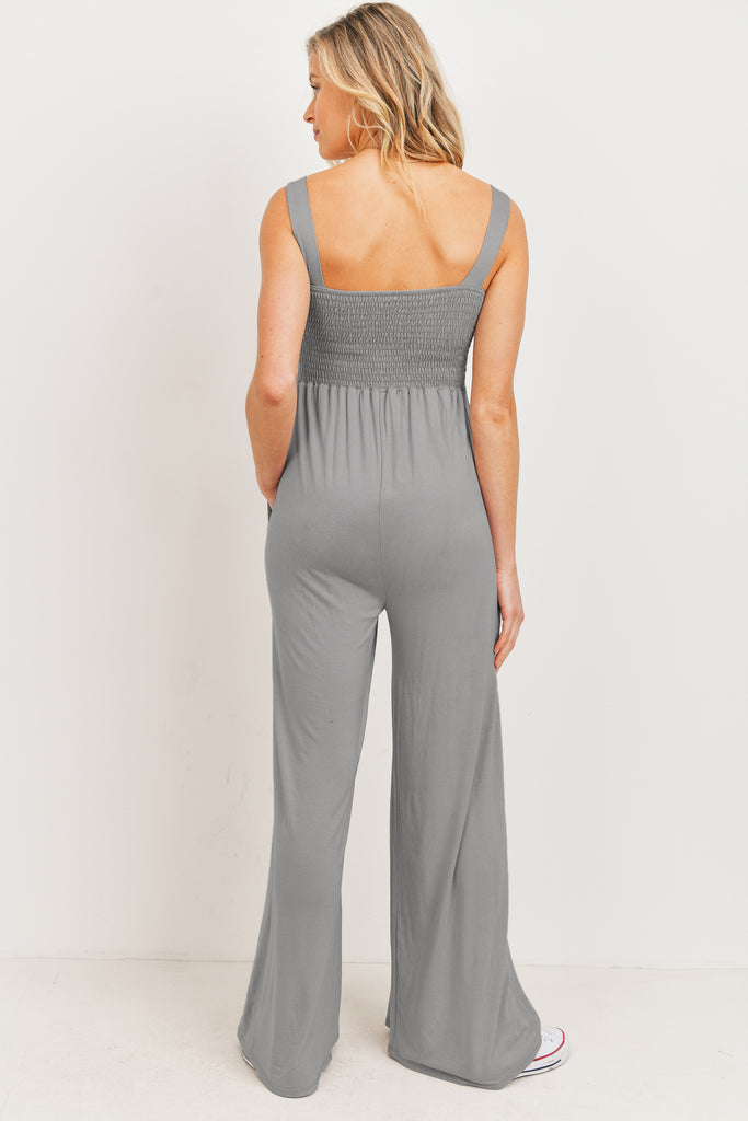 Silver Square Neck Smocked Maternity Flared Jumpsuit Back View
