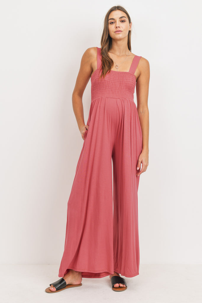 Rust Square Neck Smocked Maternity Flared Jumpsuit Front View