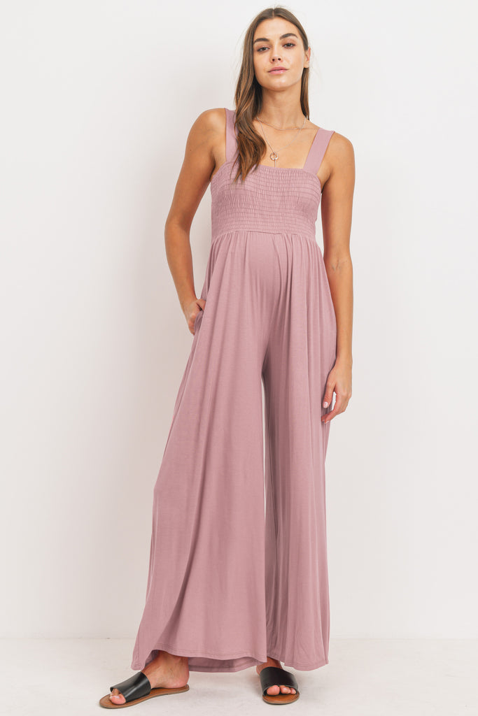 Mauve Square Neck Smocked Maternity Flared Jumpsuit Front View