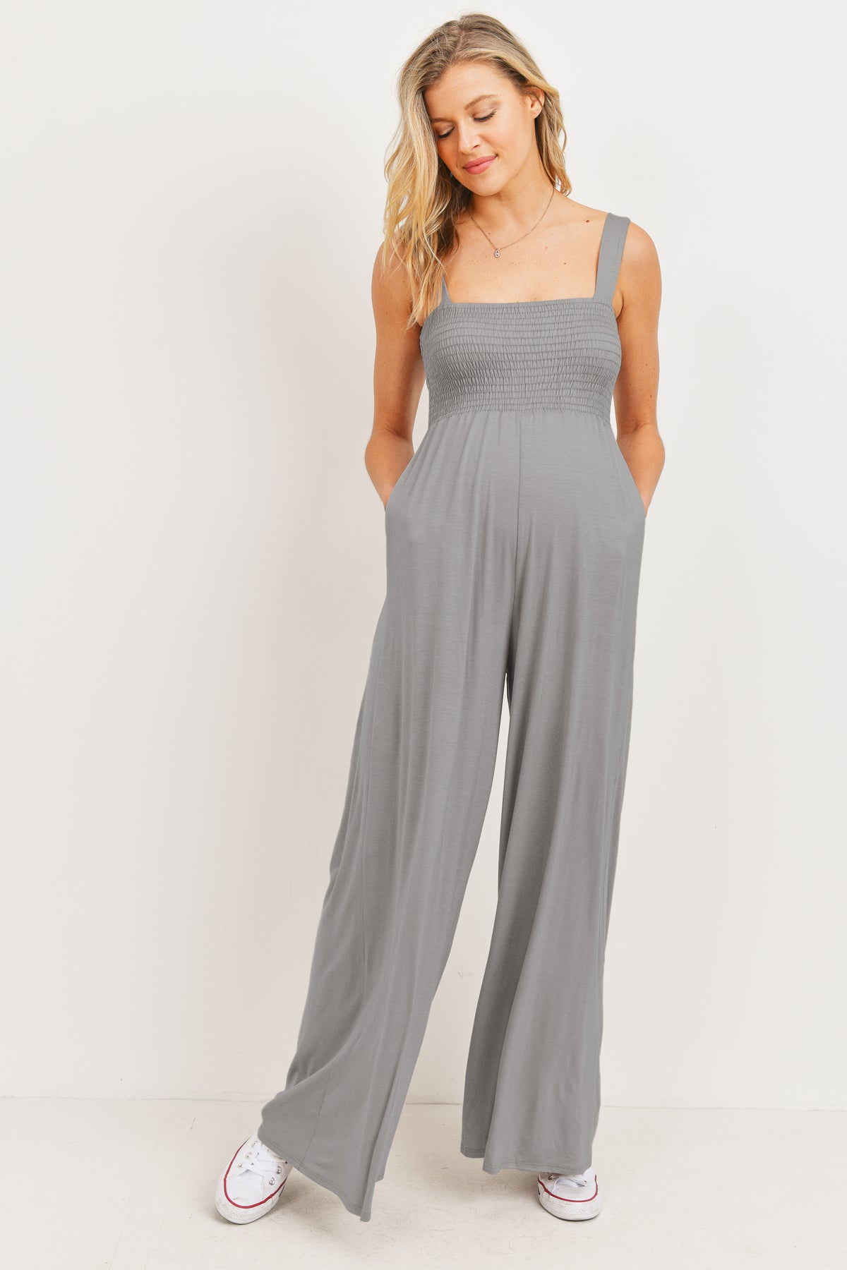 Silver Square Neck Smocked Maternity Flared Jumpsuit Front View