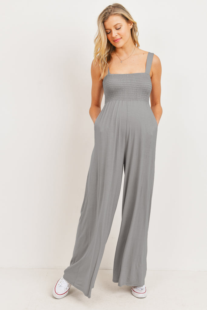 Silver Square Neck Smocked Maternity Flared Jumpsuit Front View