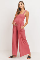 Rust Square Neck Smocked Maternity Flared Jumpsuit Side View