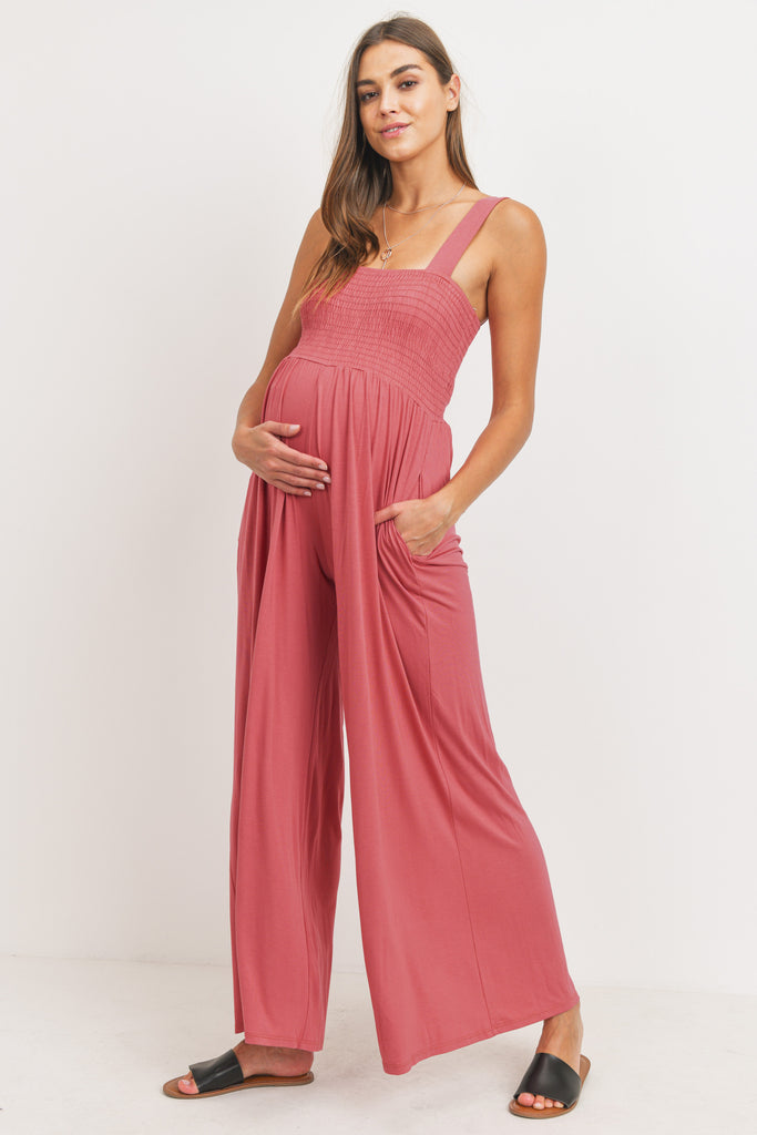 Rust Square Neck Smocked Maternity Flared Jumpsuit Side View