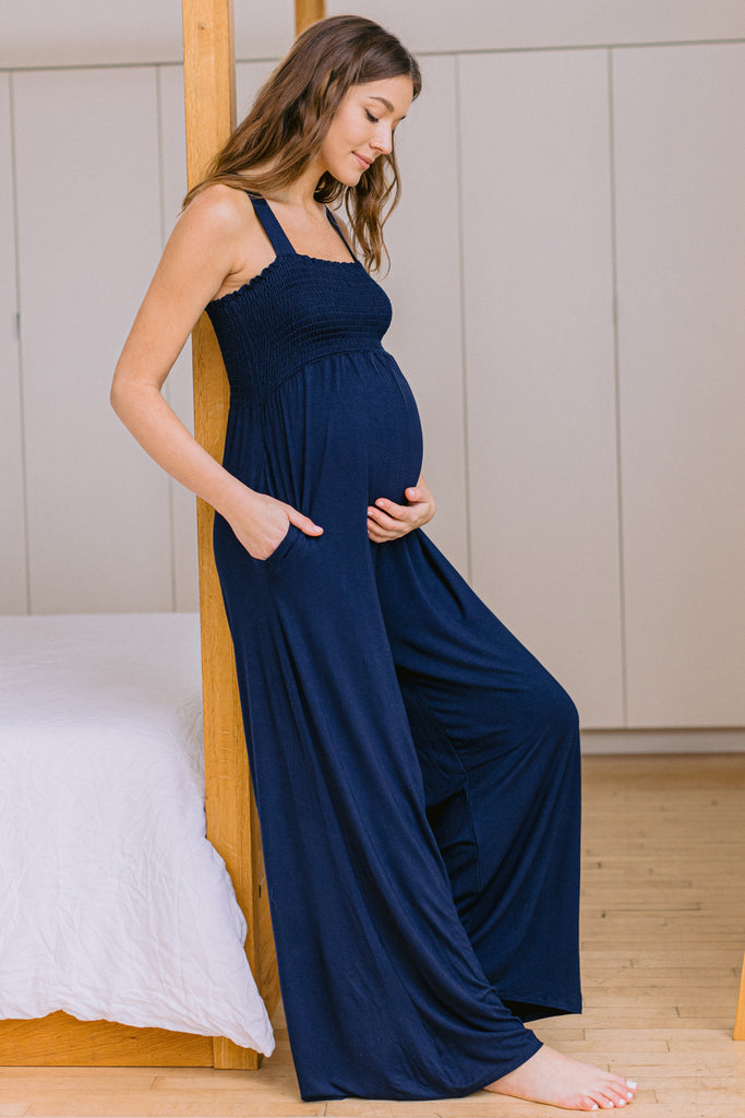 Navy Square Neck Smocked Maternity Flared Jumpsuit Lifestyle