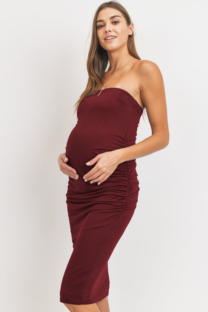 Burgundy Solid Rayon Jersey Maternity Tube Dress Front