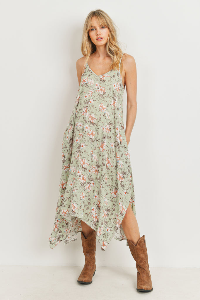 Sage Floral Spaghetti Strap Maternity Maxi Dress Front View