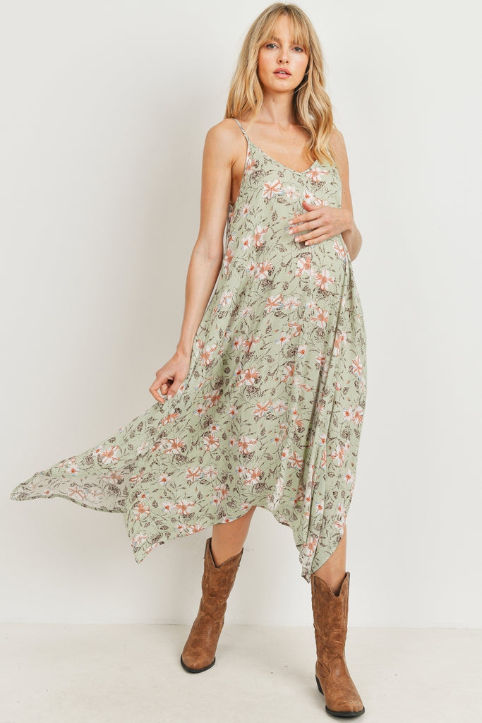 Sage Floral Spaghetti Strap Maternity Maxi Dress Front View