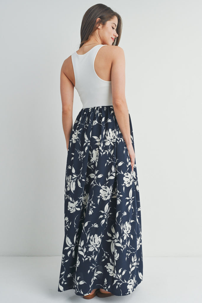 Ivory Navy Color Block Floral Print Tank Maternity Maxi Dress Back View