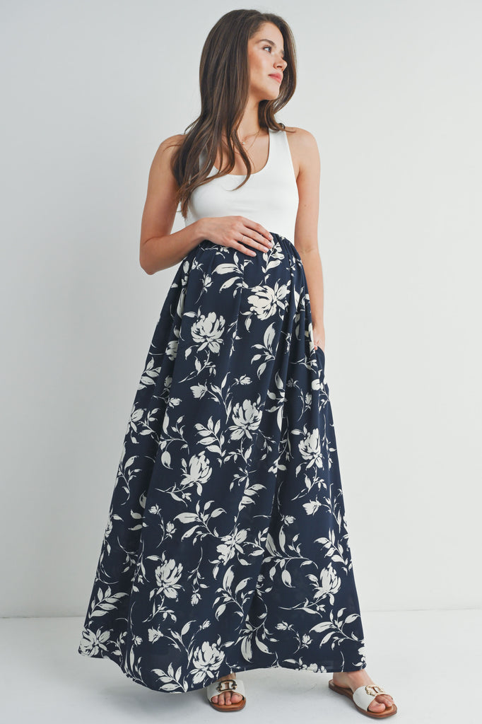Ivory Navy Color Block Floral Print Tank Maternity Maxi Dress Front View