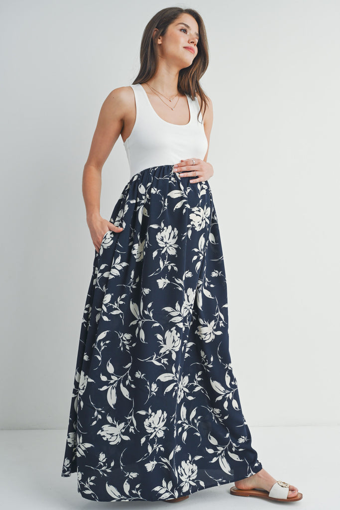 Ivory Navy Color Block Floral Print Tank Maternity Maxi Dress Side View