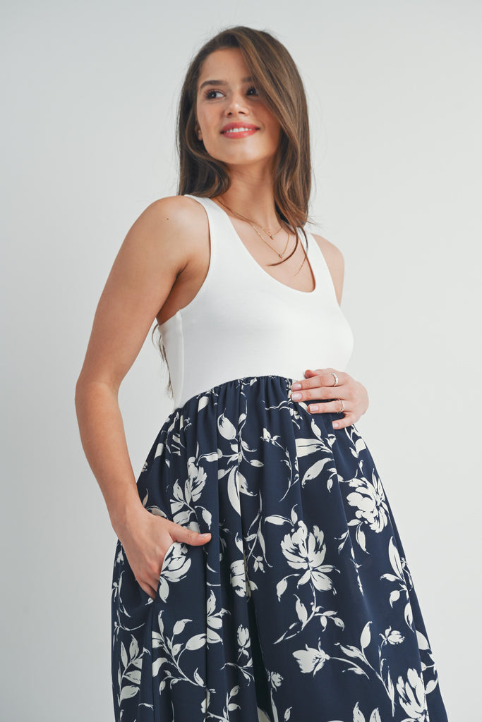 Ivory Navy Color Block Floral Print Tank Maternity Maxi Dress Close Up