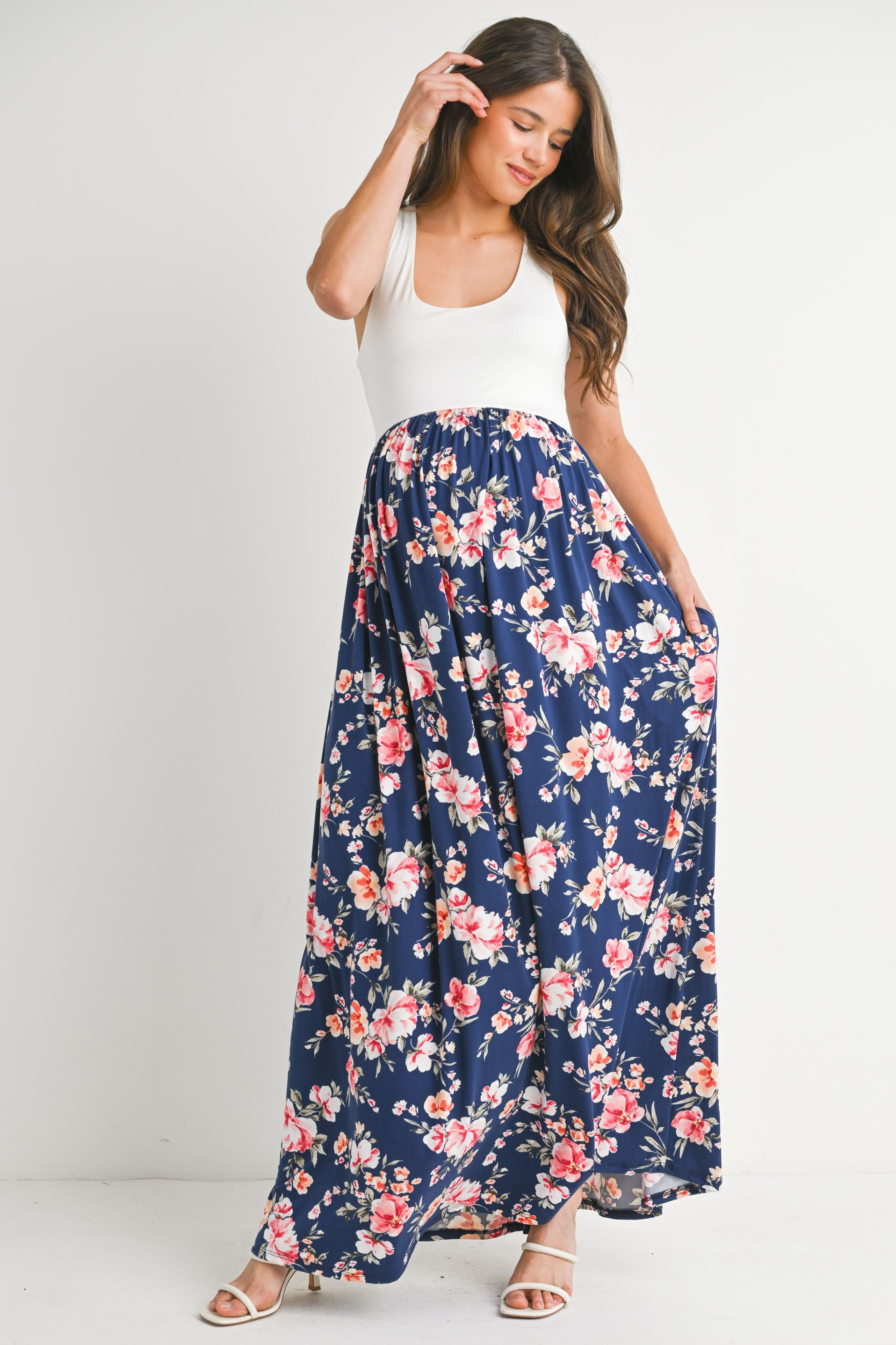 Tank Maternity Maxi Floral Dress IVORY/NAVY / MEDIUM Tank Maternity Maxi Floral Dress IVORY/NAVY / MEDIUM
