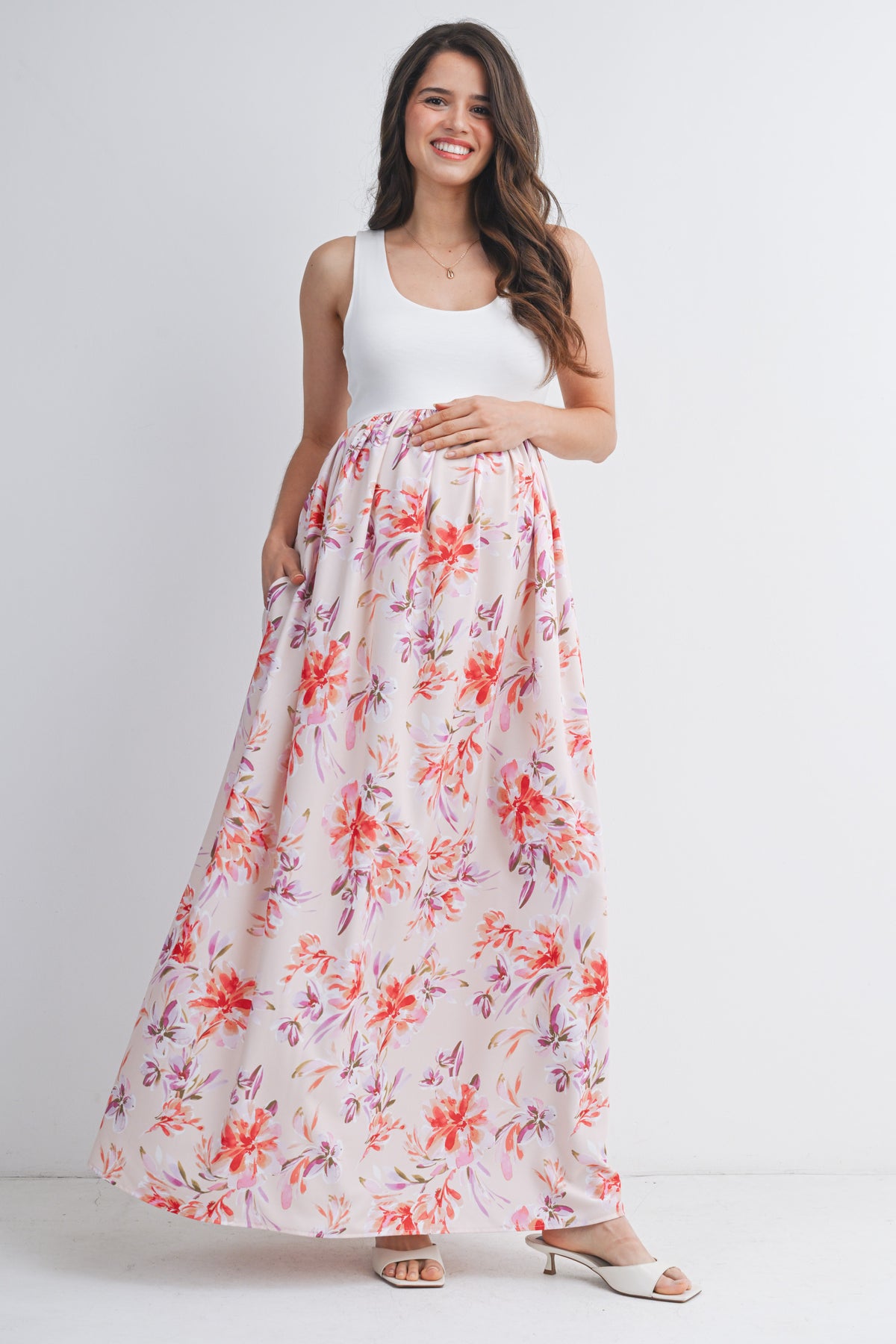 Ivory/Blush Sleeveless Floral Maternity Maxi Tank Dress Front View