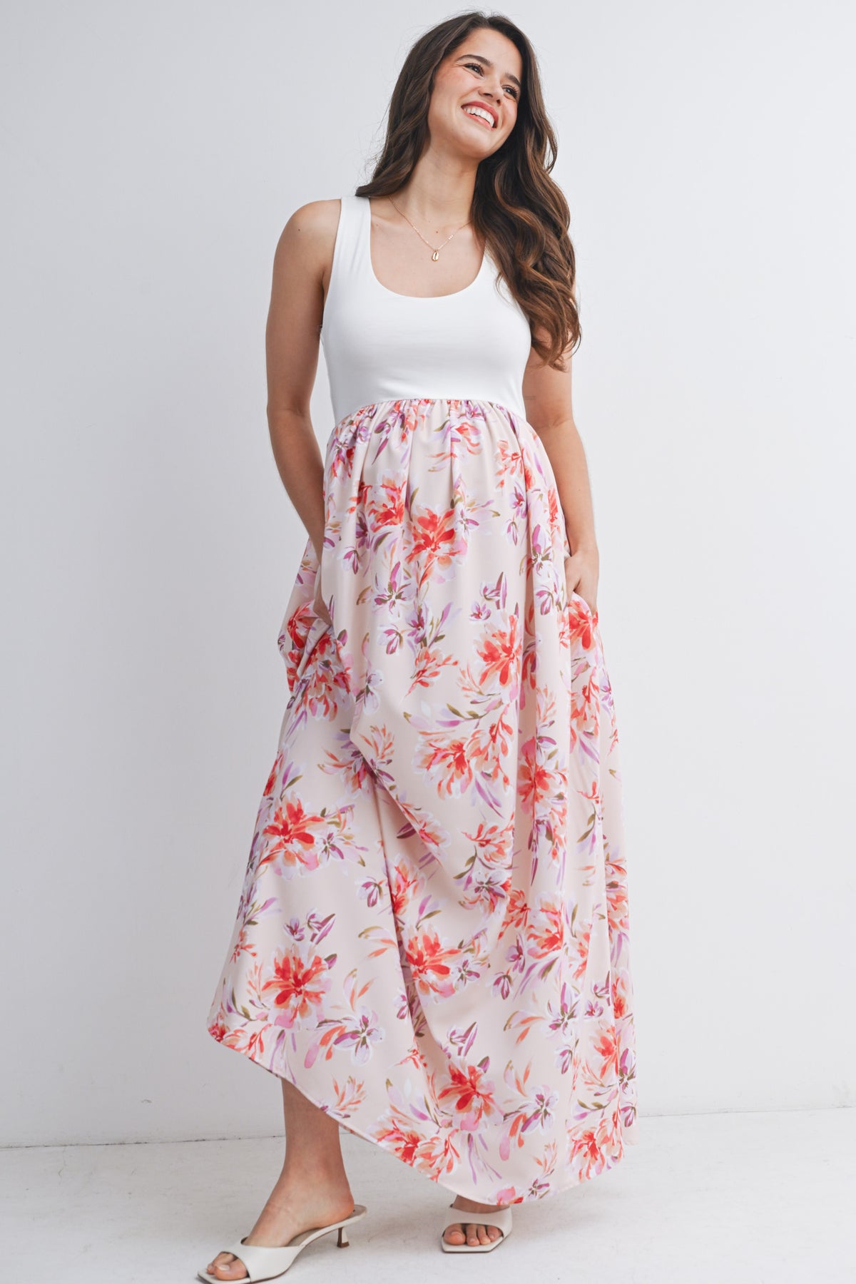 Ivory/Blush Sleeveless Floral Maternity Maxi Tank Dress Front View