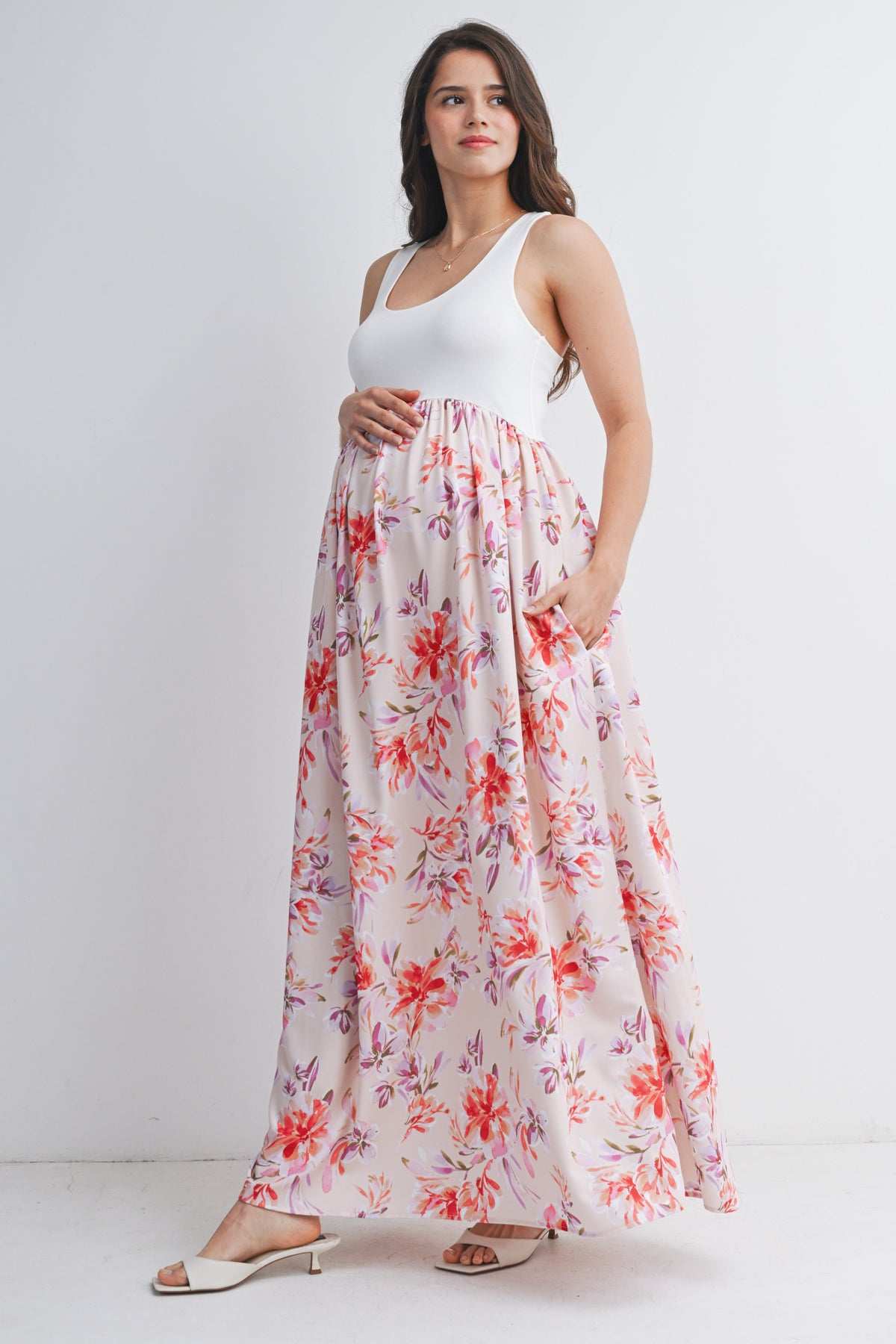Ivory/Blush Sleeveless Floral Maternity Maxi Tank Dress Side View