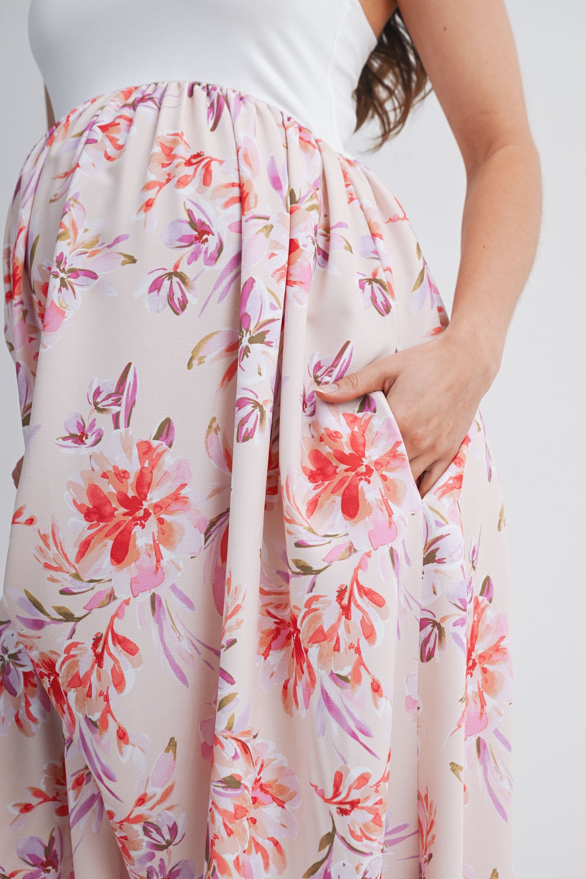 Ivory/Blush Sleeveless Floral Maternity Maxi Tank Dress Pocket Detail Close Up