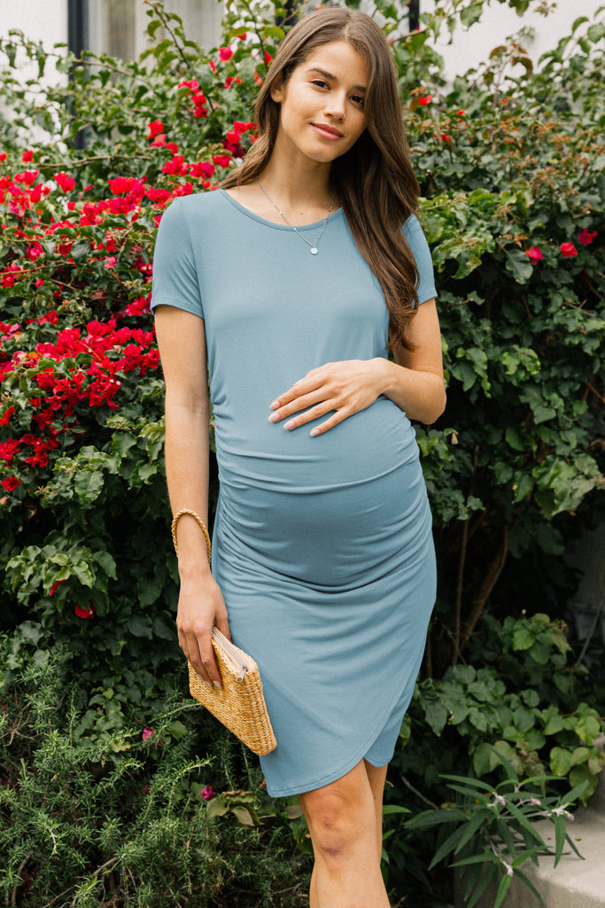Dusty Blue Rayon Modal Ruch Side Maternity Dress Lifestyle Front