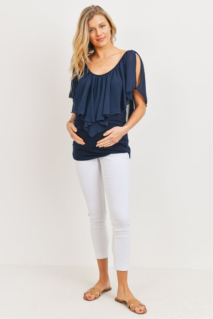 Navy Cut Out Shoulder Maternity Blouse