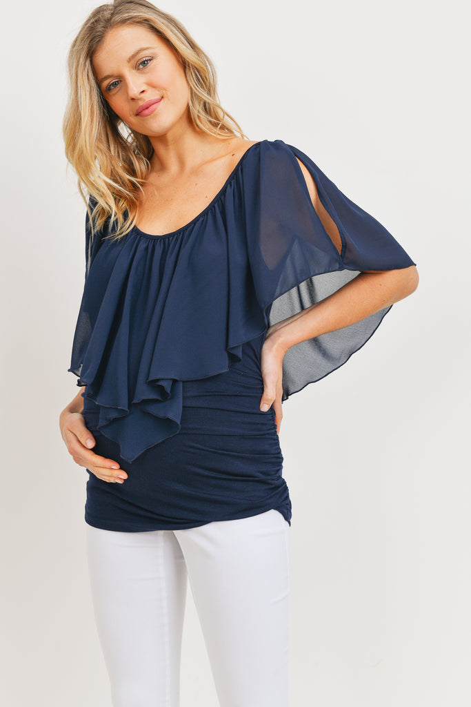 Navy Cut Out Shoulder Maternity Blouse