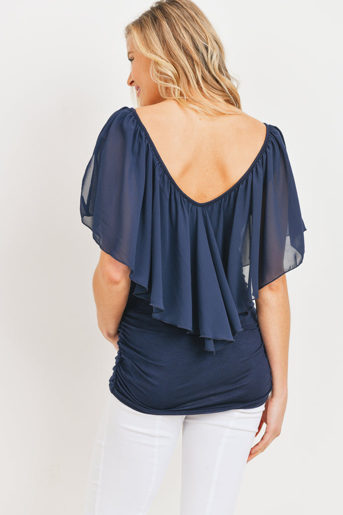 Navy Cut Out Shoulder Maternity Blouse