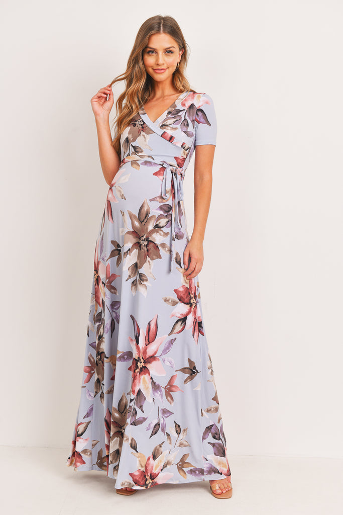 Light Blue Floral ITY Jersey Maternity/Nursing Maxi Dress Front
