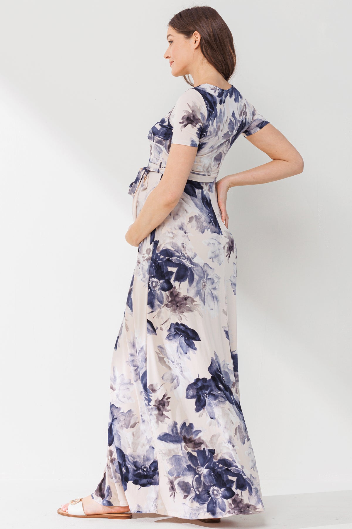 Taupe Floral Ity Jersey Maternity/Nursing Maxi Dress