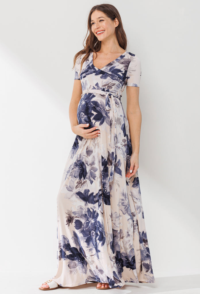 Taupe Floral Ity Jersey Maternity/Nursing Maxi Dress