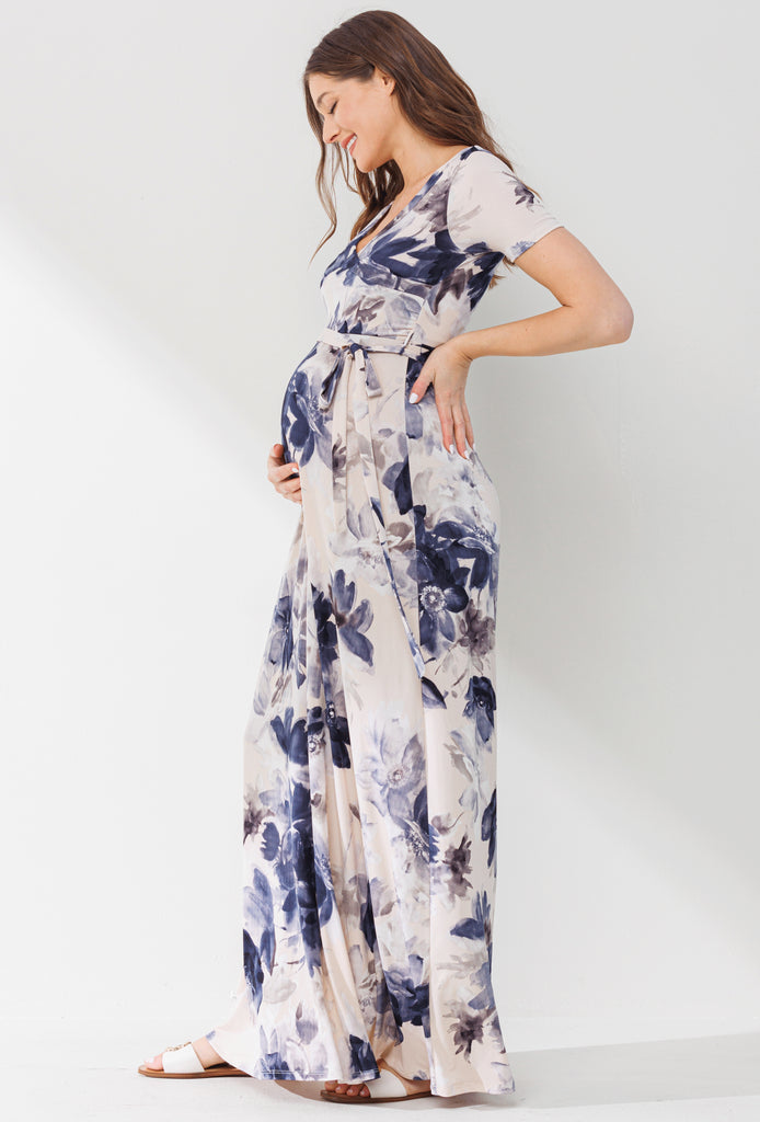 Taupe Floral Ity Jersey Maternity/Nursing Maxi Dress