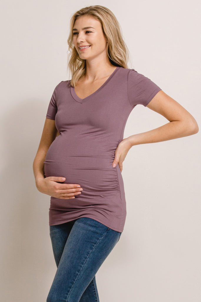 Mauve V-Neck Side Ruched Maternity Basic Top Side View