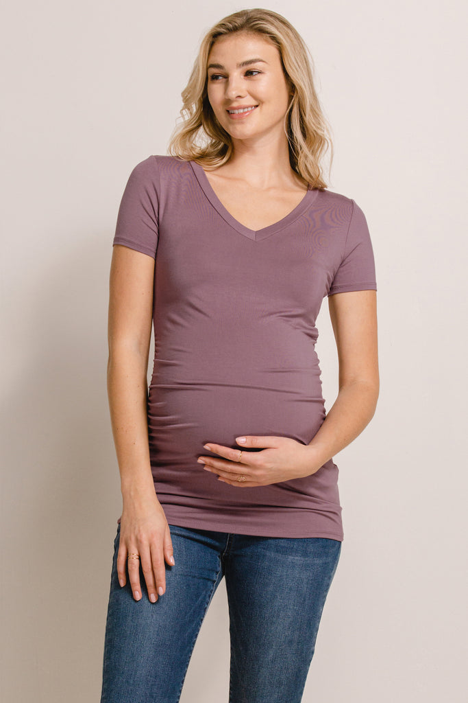 Mauve V-Neck Side Ruched Maternity Basic Top Front View