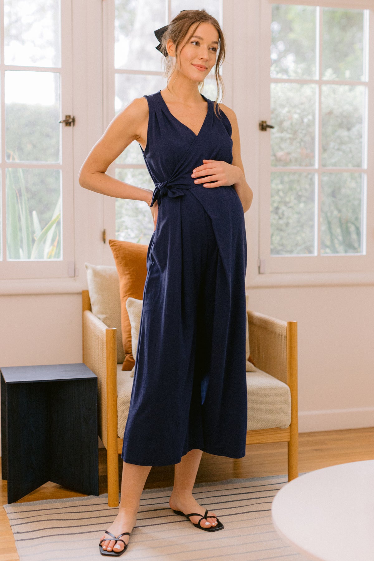 Navy Wrap Maternity/Nursing Flared Capri Jumpsuit Lifestyle Side