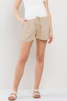 Khaki Ivory Drawstring Pocket Maternity Shorts Front View