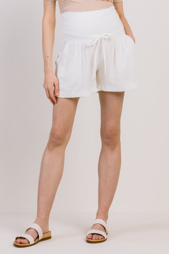 Off White Drawstring Pocket Maternity Shorts Front