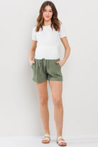 Olive Drawstring Pocket Maternity Shorts Full Body