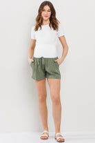 Olive Drawstring Pocket Maternity Shorts Full Body
