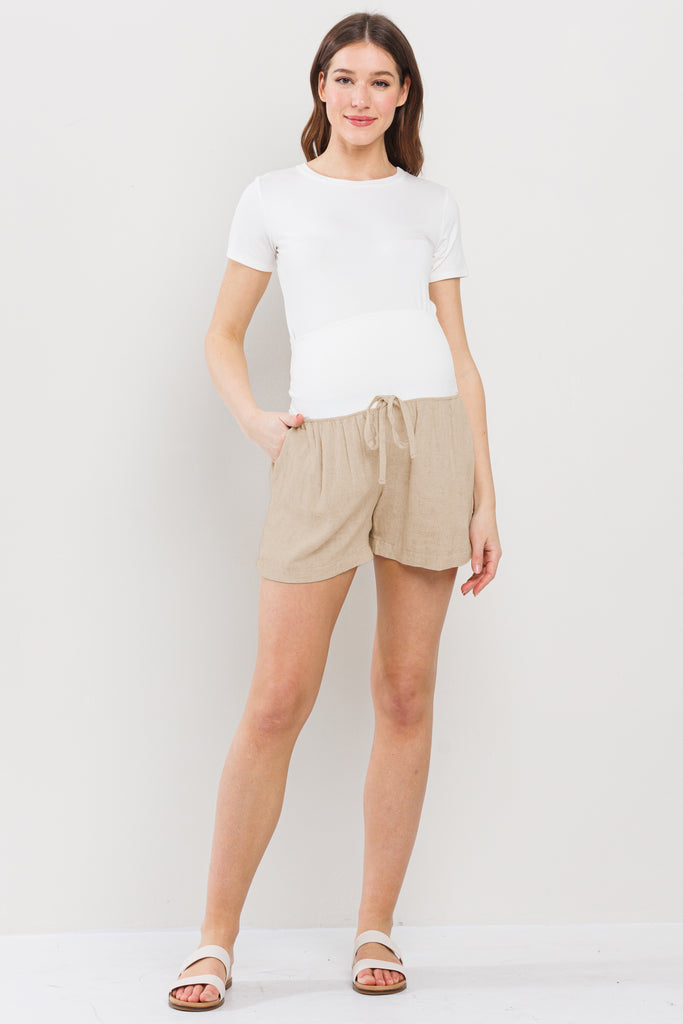 Khaki Drawstring Pocket Maternity Shorts Full Body