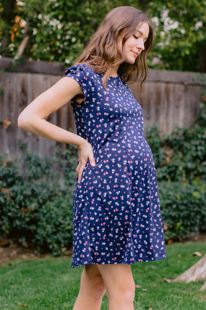 Navy Ditsy Printed Flare Maternity Mini Dress Lifestyle Side