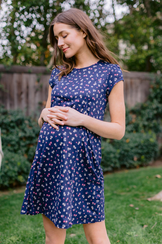 Navy Ditsy Printed Flare Maternity Mini Dress Lifestyle Side