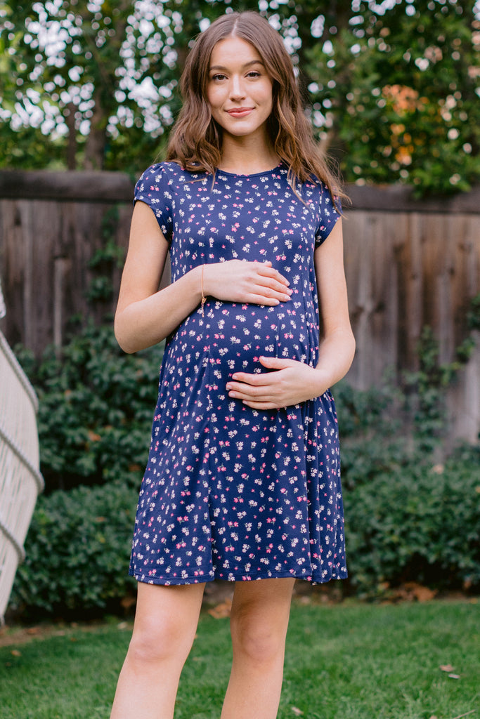 Navy Ditsy Printed Flare Maternity Mini Dress Lifestyle Front