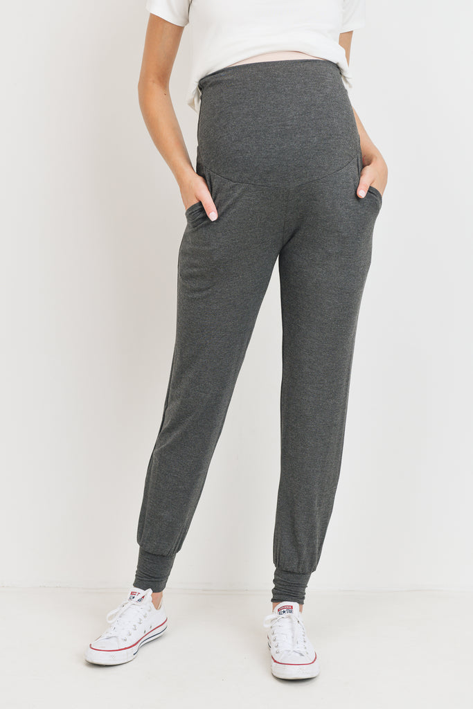 Charcoal Over The Belly Maternity Jogger Pants with Pockets  Front View