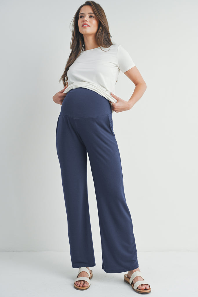 Navy French Terry Straight Leg Yoga Pants Full Body