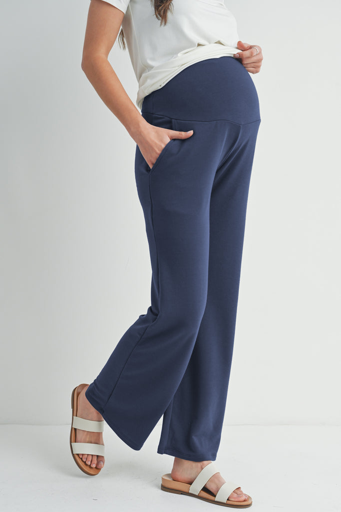 Navy French Terry Straight Leg Yoga Pants Side