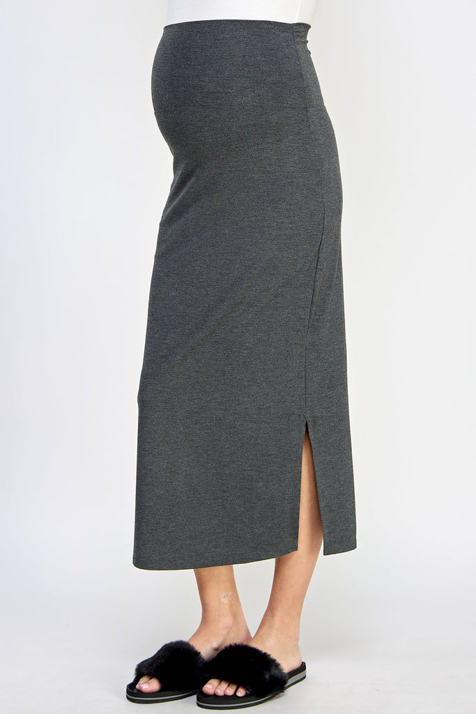 Two Tone Charcoal Rayon Modal Side Slit Maternity Midi Skirt